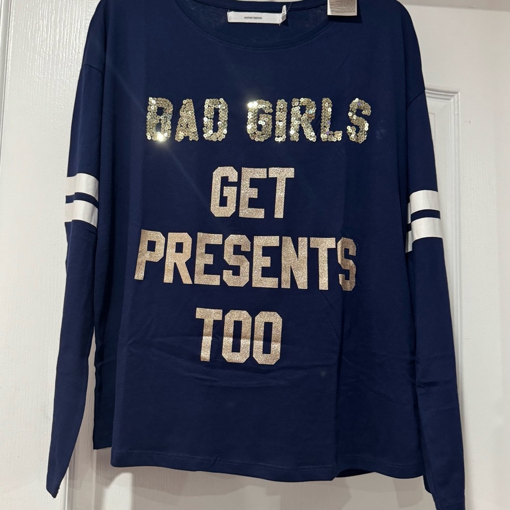 Navy Blue Long Sleeve Tee with Gold Accents